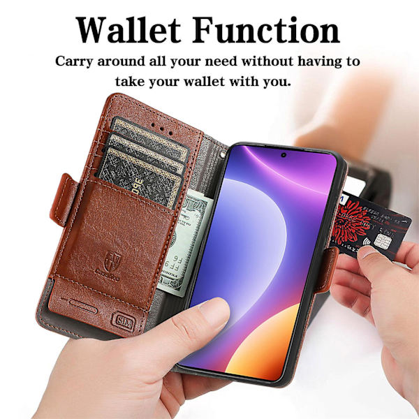 Caseneo 002 Series Phone case För Xiaomi Redmi Note 12 Turbo / Poco F5 5g, Splicing Pu Leather Rfid Blocking Stand Cover Dark Brown