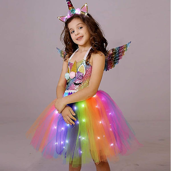 Enhörningsdräkt för flickor Led Light Up Tutu Dress Up Födelsedagspresenter Prinsessklänning till Halloweenfest White Led-rainbow Sequins 2-3 Years