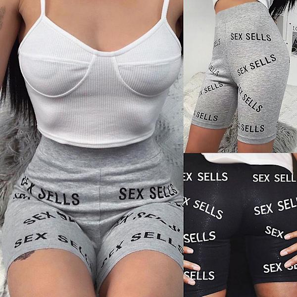 Kvinnor Hög midja Skinny Sport Biker Shorts Sexiga Bokstäver Tryckta Bomull Yoga Fitness Hot Pants Träning Tighta Leggings Grå L