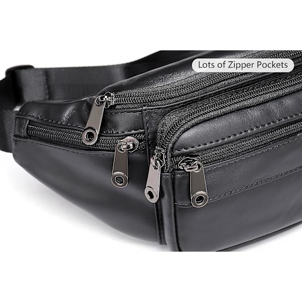 Äkta läder Fanny Pack välgjord slitstark midjeväska i läder med massor av fickor med blixtlås Svart null none