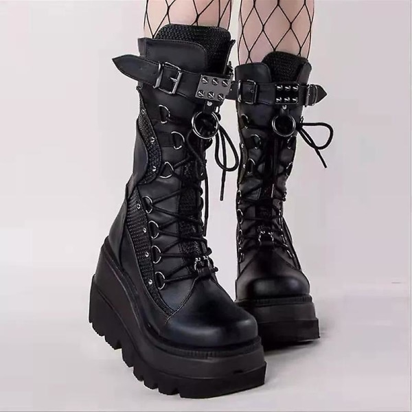 Platformstövlar damer Spänne rem Punk Goth Boot Dam Gothic Snörskor Sz Black EU 36