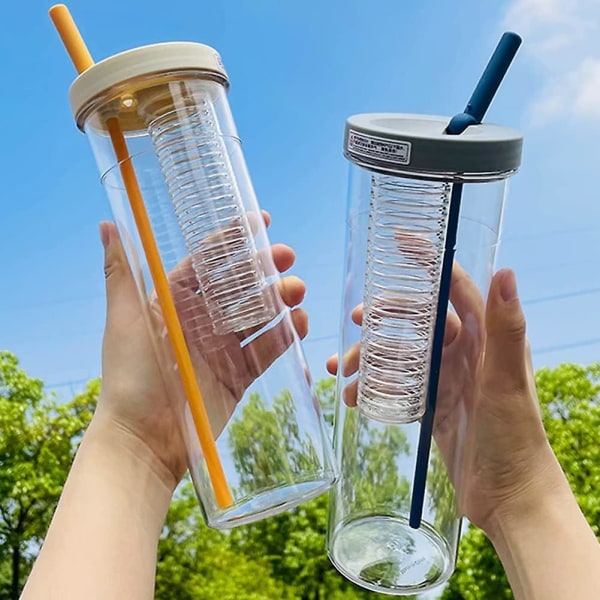Drickskopp med sugrör och lock, resekopp för lemonad, smoothie & juice, återanvändbar 700 ml plastgul grey