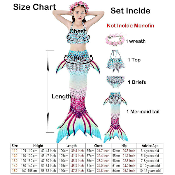 Barn Flickor Mermaid Tail Bikini Set Badkläder Baddräkt Simning Kostnad Inklusive Garland Pannband Färg 4 4-5 år