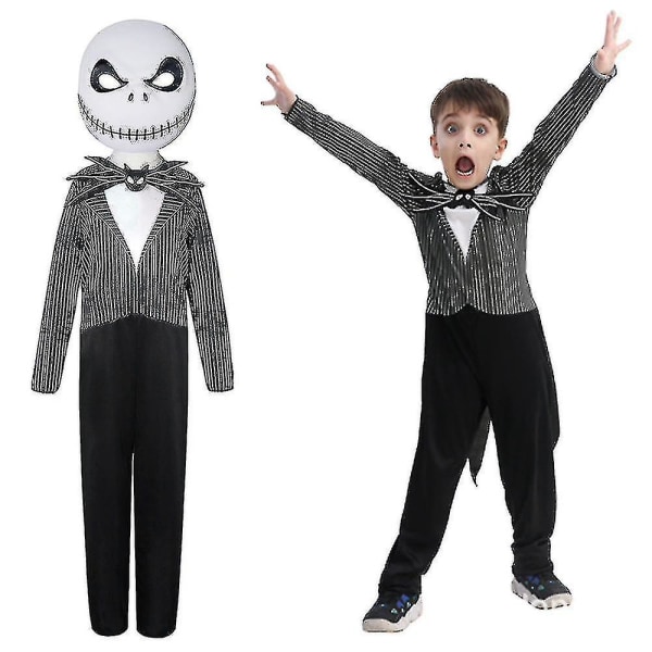 3-14 år för barn Halloween Nightmare Jack Skellington Cosplay Jumpsuit med mask K L