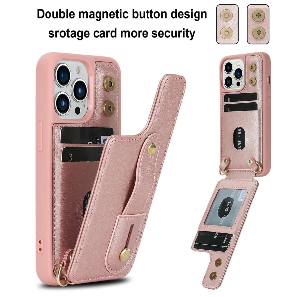 Korthållare Cover till Iphone 13 Pro , Armband Kickstand Läder+tpu Phone case Rose Gold