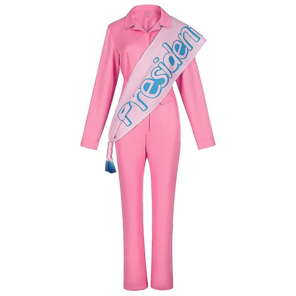 Halloween Vuxen Barbie Rosa Power Jumpsuit med skärp stolt över att vara kvinna kostym S