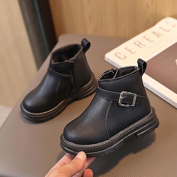 Unisex barn ankelstövlar Låg klack läderstövlar Klänning Outdoor Boot Rund tå Korta stövlar Black EU 25