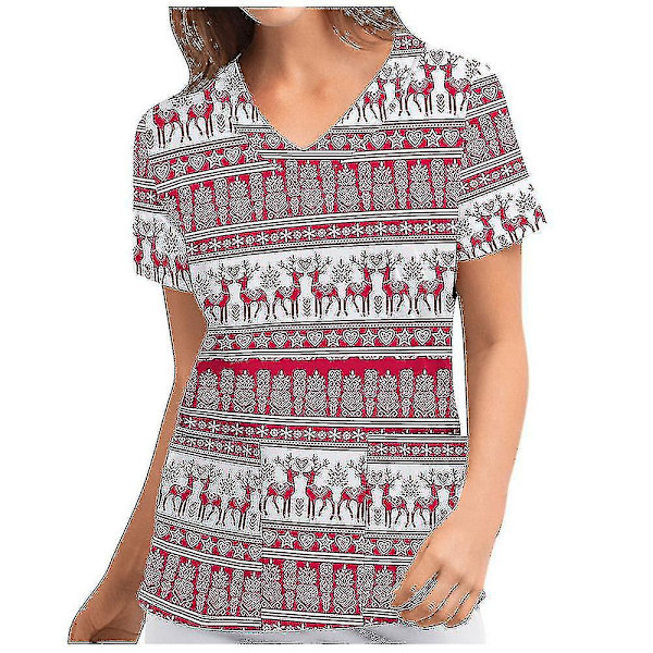 Jul Kvinnor Amningsuniform Scrub Kortärmad T-shirt Xmas Blus Tee Tops V-ringad Watermelon Red M