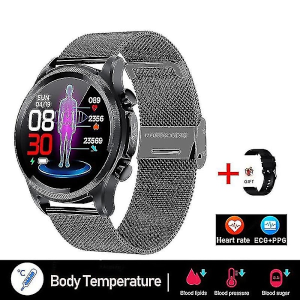 2023 Blodsocker Smart Watch Ecg+ppg Monitoring Blodtryck Kroppstemperatur Smartwatch Herr Ip68 Vattentät Fitness Tracker - Smart Wat Mesh belt black