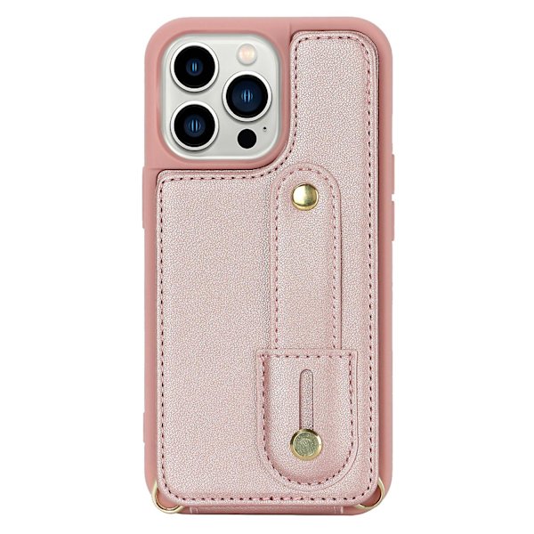 För Iphone 14 Pro Max Armband Kickstand Phone case Läder+tpu cover med korthållare Rose Gold