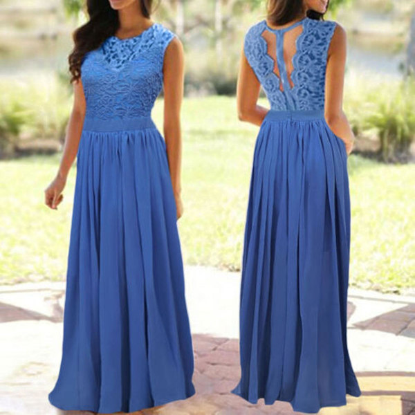 Kvinnors spets elegant bröllopsklänning festklänning tärnklänning Blue M