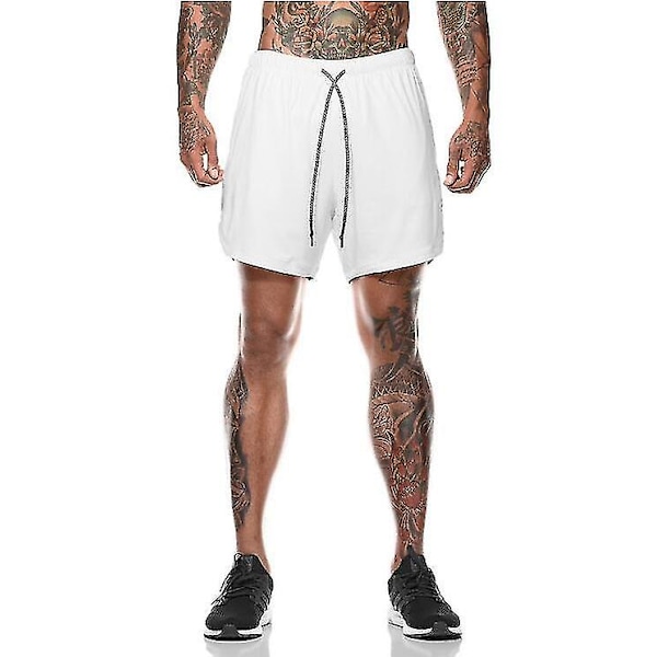 2-i-1 träningsshorts för män med blixtlåsförsedda fickor white XXL