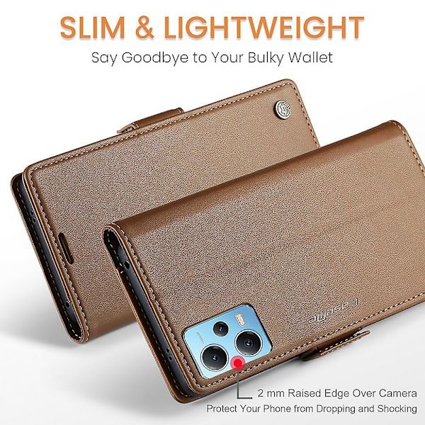 Caseme 023-serien för Xiaomi Redmi Note 12 5g (kina) / (indien) / (global) / Poco X5 5g Litchi Texture Rfid Blockerande case Läder Sta Brown
