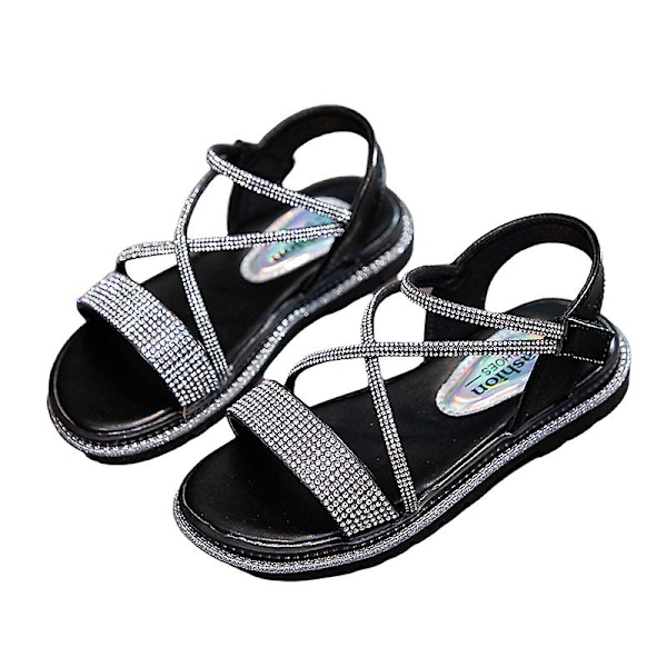 Söta sandaler för flickor, halkfria, korslagda, platta, bekväma, med strass Black EU 26