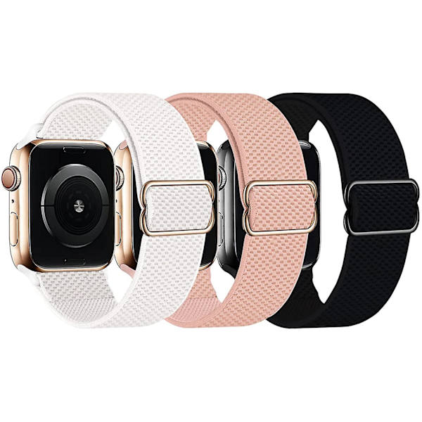 Stretchig Solo Loop-rem kompatibel med Apple Watch -band 38mm 40mm 41mm 42mm 44mm 45mm, Stretchflätad sportelastisk nylon dam män handled A-Black-White-Pink 7.32 x 4.49 x 0.47 inches