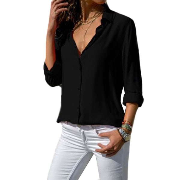 Kvinnor långärmad solid Button Down Lapel Shirt Black M