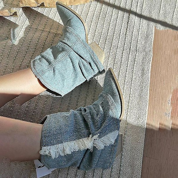 Veck Blå jeanslår höga stövlar för kvinnor 2023 Höst tjockklackade spetsiga tå Cowboystövlar Kvinna Slip On Western långa stövlar ankle boots 41