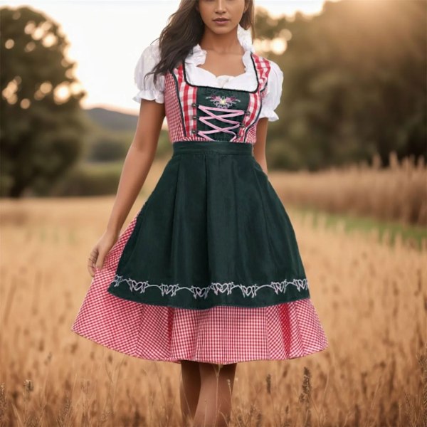 Traditionell bayersk Oktoberfest-dräkt, rutig Dirndl-klänning för kvinnor, förklädesklänning, tysk öl-tjej, piga, cosplay-festklänning XL Black