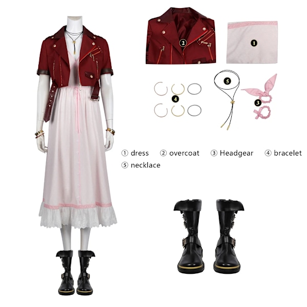 Spel FF7 Vuxen Aerith Gainsborough Kostym Cosplay Final Fantasy Remake Halloween Outfit Fancy Kvinnor Röd Jacka Rosa Klänning S Full set