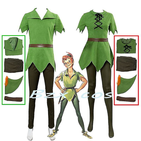 Peter Pan Cosplay Animedräkt Green Elf Uniform Klänningar Pojkar Flickor Halloween Carnival Kostym Fancy Dress Kostym Män XL Women