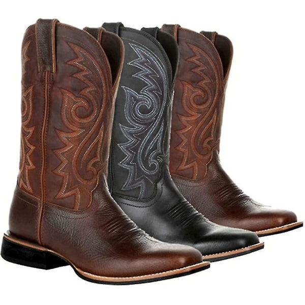 Cowboy Boots Män Wide Classic Vintage Mid Calf Western Boots Broderi Spetsig Tå Block Heel Slip-on Unisex Black 45
