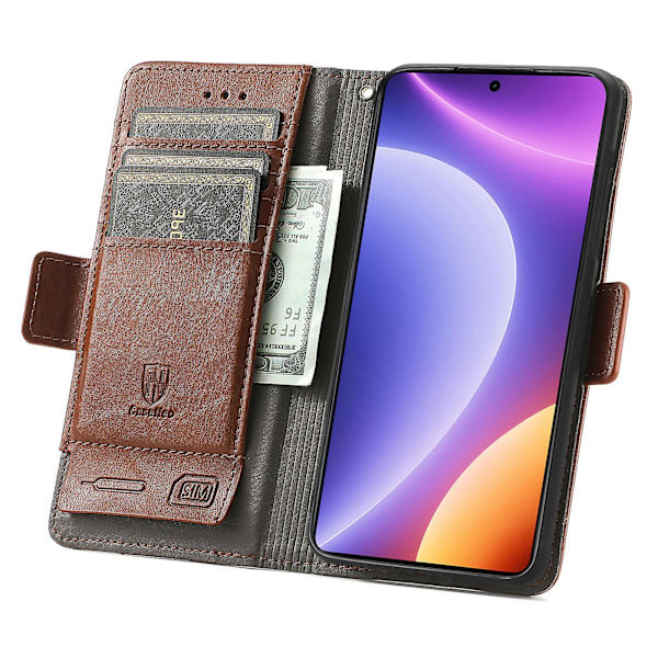 Caseneo 002 Series Phone case För Xiaomi Redmi Note 12 Turbo / Poco F5 5g, Splicing Pu Leather Rfid Blocking Stand Cover Dark Brown