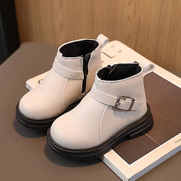 Unisex barn ankelstövlar Låg klack läderstövlar Klänning Outdoor Boot Rund tå Korta stövlar Beige EU 25.5