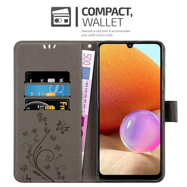 Samsung Galaxy A32 4G Cover Case Case - med blommönster och stativfunktion och kortplats FLORAL GREY Galaxy A32 4G