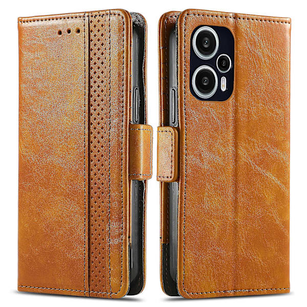 Caseneo 002 Series Phone case För Xiaomi Redmi Note 12 Turbo / Poco F5 5g, Splicing Pu Leather Rfid Blocking Stand Cover Light Brown
