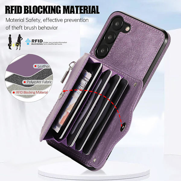 För Samsung Galaxy S23+ Rfid-blockeringskortväska Stötsäkert phone case Kickstand Pu Läder+tpu- cover Purple