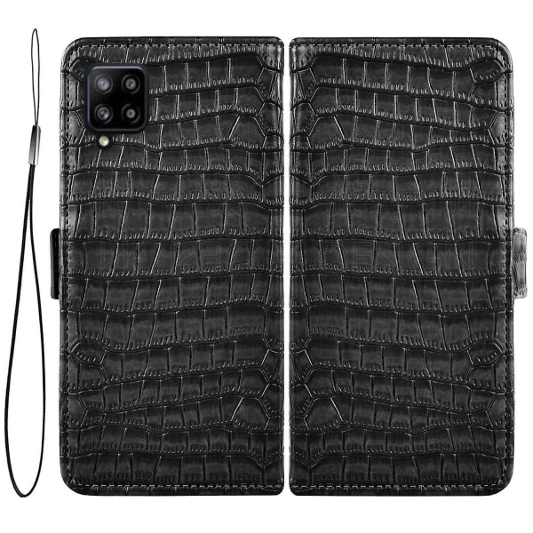 För Samsung Galaxy A22 Crocodile PU Läder Telefon Case Dubbelt magnetiskt cover Black