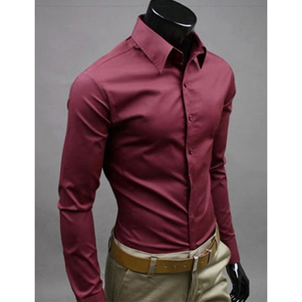 Män Långärmad Business Skjorta Vanlig Formell Casual Klänning Toppar Wine Red L