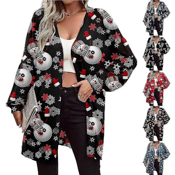 Damjacka med långärmad jultryckt mode cardigan Black Snowman L