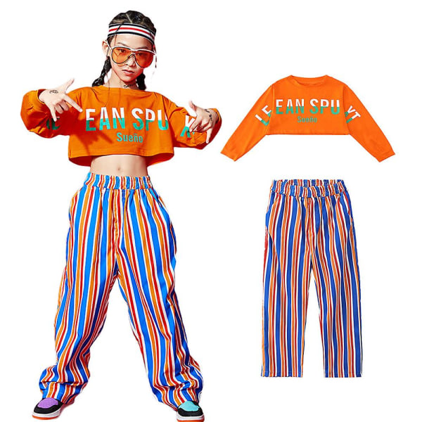 2st Orange Croptop + Stripe Joggerbyxa Set Barn Hip-hop Outfit För tjejer Dans Kostym Active Performance Casual 2Pcs Orange 15-16 years