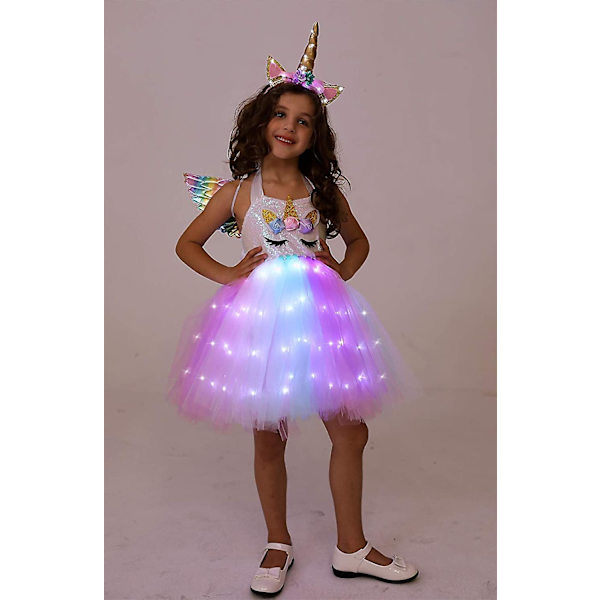 Enhörningsdräkt för flickor Led Light Up Tutu Dress Up Födelsedagspresenter Prinsessklänning till Halloweenfest White Led-sequins 2-3 Years