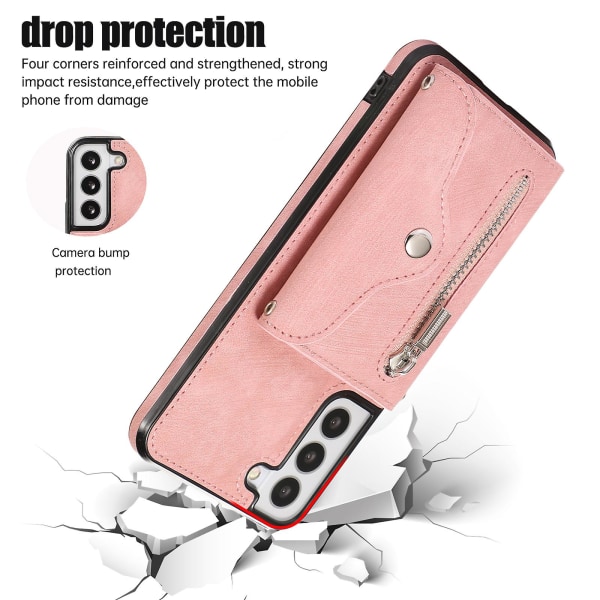 För Samsung Galaxy S22+ 5g Anti-fall phone case Rfid blockerande kortväska Pu Läder+tpu cover med stöd Rose Gold