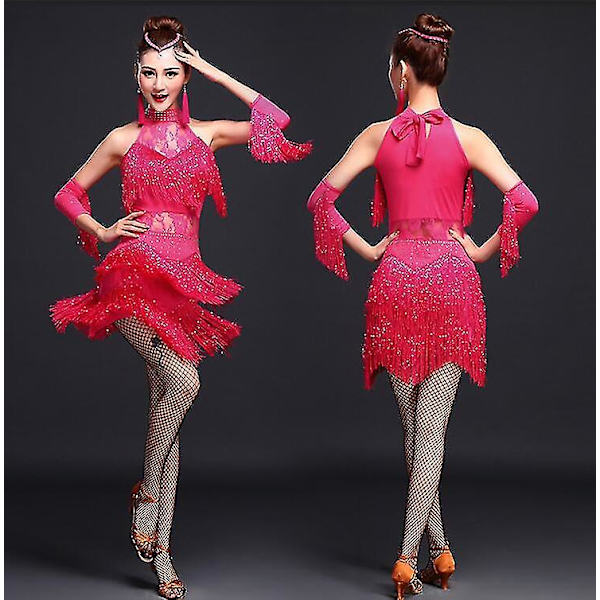 Nya latinska dansdräkter Dam Salsa Danskläder Dansdräkt Klänningar Ballroom Tävlingsklänningar Tango Vuxen Fringe Guld Paljett Red XL