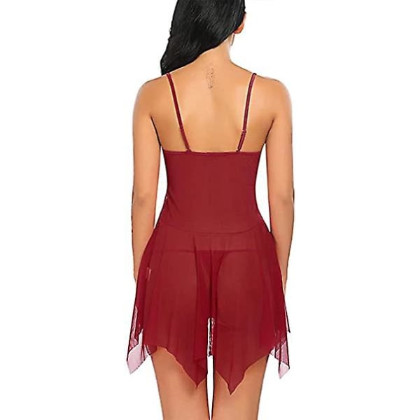 Damunderkläder Set Mjuk Babydoll Spetskopp Sling Nattkläder Mesh Chemise Sovkläder Klänning Wine Red S