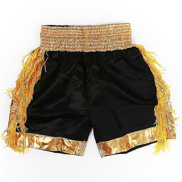Muay Thai Shorts med tofsar Boxningsshorts Dam Herr Barn Andningsbar Satin Kickboxning Träningsbyxor Mma Kampsport Utrustning LS003 Gold Tassels S