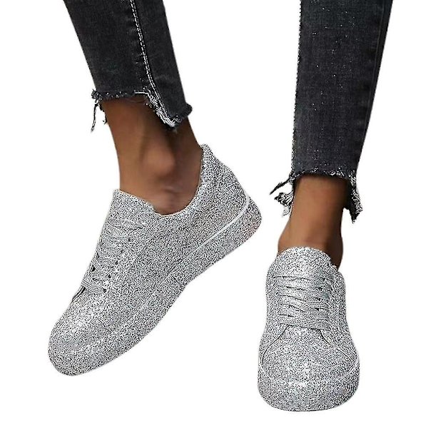 Kvinnor med snörning Glitter Sneakers Glitter Casual Jogging Sneakers Platta skor Silver 35