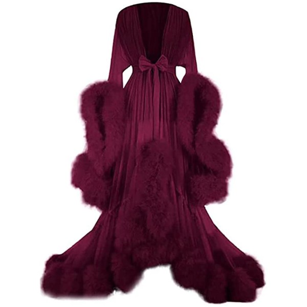 Släpande långklänning för kvinnor med fjäderutsvängda ärmar, perfekt för möhippa Wine Red XL