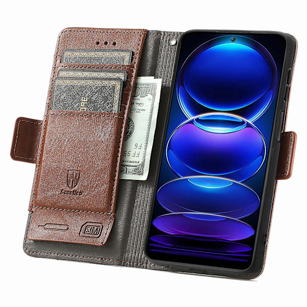 Caseneo 002-serien Rfid-blockerande case för Xiaomi Redmi Note 12 Pro 5g / Note 12 Pro Speed ​​5g / Poco X5 Pro 5g, skarvningsplånboksställ Dark Brown