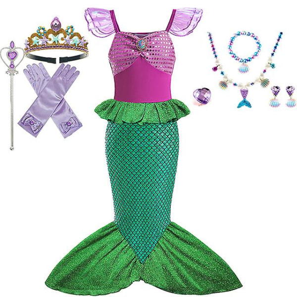 Disney Little Mermaid Ariel Prinsessdräkt Barnklänning För tjejer Cosplay Barn Karneval Födelsedagsfest Kläder Sjöjungfruklänning V 5T(size 120) 10pcs Mermaid Sets