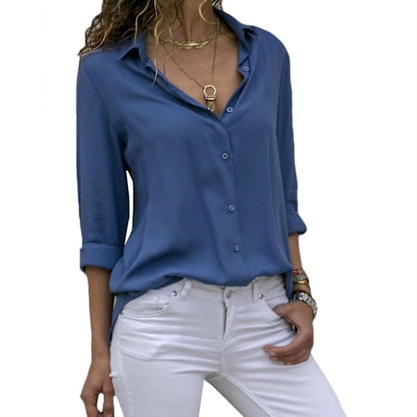 Kvinnor långärmad solid Button Down Lapel Shirt Blue M