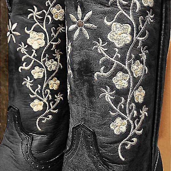 Kvinnors breda vad fyrkantiga tår Cowboy Boot - Moderna västerländska broderade Cowgirl Boots Black 39