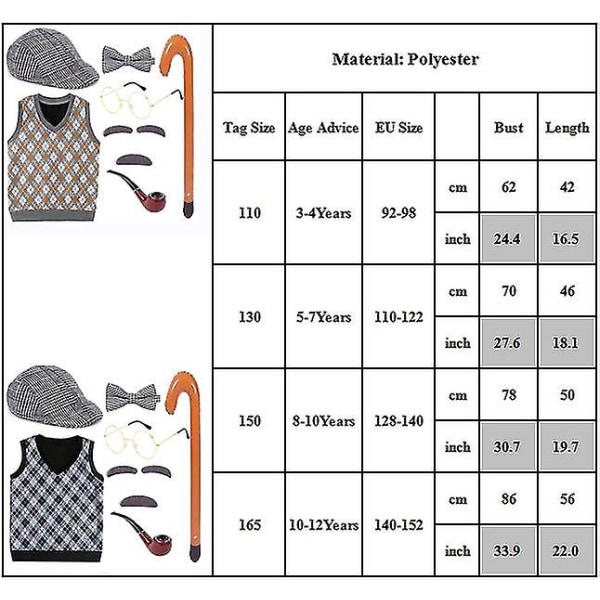 100 dagars skola Gammal man Cosplay kostym för barn Pojkar Farfar Fancy Dress Up Outfits Hatt, glasögon och farfar väst set Black B 10-12 Years