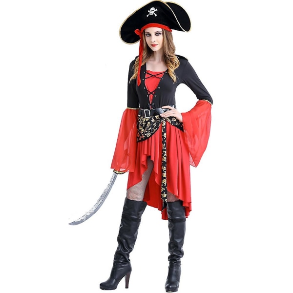 Kvinnor Pirate Caribbean Swashbuckler Buccaneer Kvinnor Cosplay Party Kostym Hatt+klänning+bälte Outfits Set Presenter M