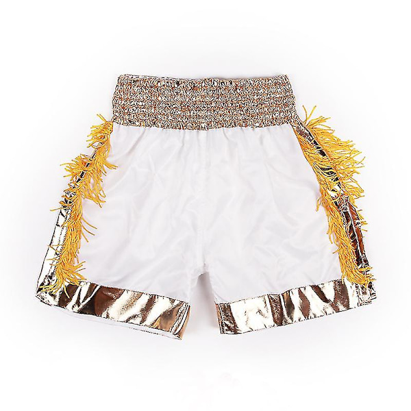Muay Thai Shorts med tofsar Boxningsshorts Dam Herr Barn Andningsbar Satin Kickboxning Träningsbyxor Mma Kampsport Utrustning LS001 Gold Tassels S