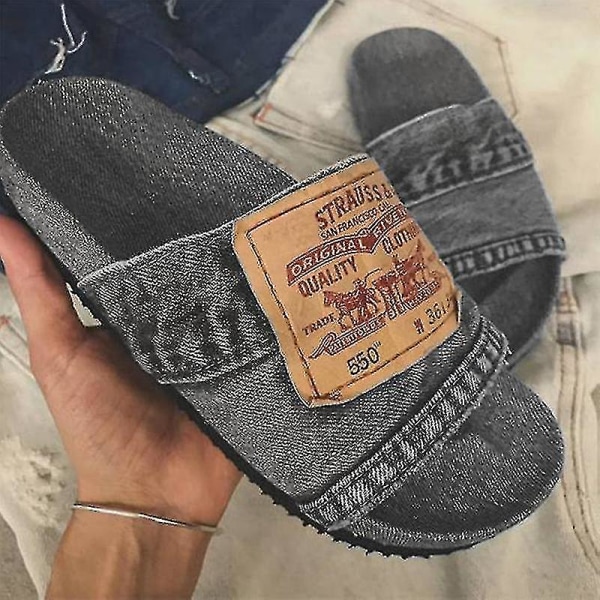 Snygga denimslides för kvinnor Handgjorda denim-slip-on tofflor av återvunna jeans för - Snngv Gray 37