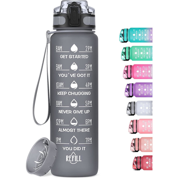 1000 ml motiverande vattenflaska med tidsmarkör, läckagesäker BPA-fri Tritan fruktsil dryckesflaska, idealisk för fitness, gym och utomhus graphite